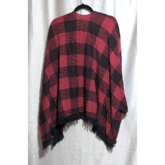 Mossimo Supply Red/Black Buffalo Plaid Poncho Cardigan Open Cape Fringe S/M - Picture 2 of 16
